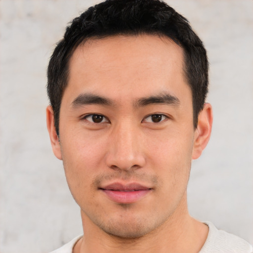 Neutral asian young-adult male with short  black hair and brown eyes