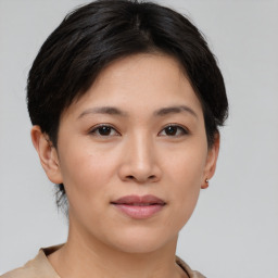 Joyful asian young-adult female with short  brown hair and brown eyes