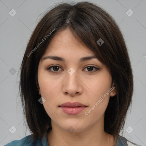 Neutral white young-adult female with medium  brown hair and brown eyes