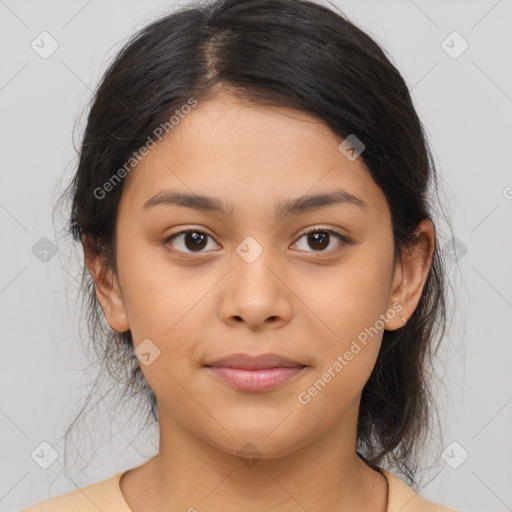 Joyful latino young-adult female with medium  brown hair and brown eyes