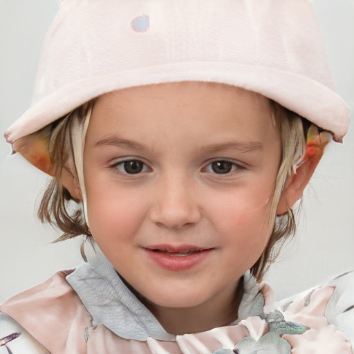 Joyful white child female with medium  brown hair and blue eyes