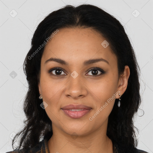 Joyful latino young-adult female with long  brown hair and brown eyes