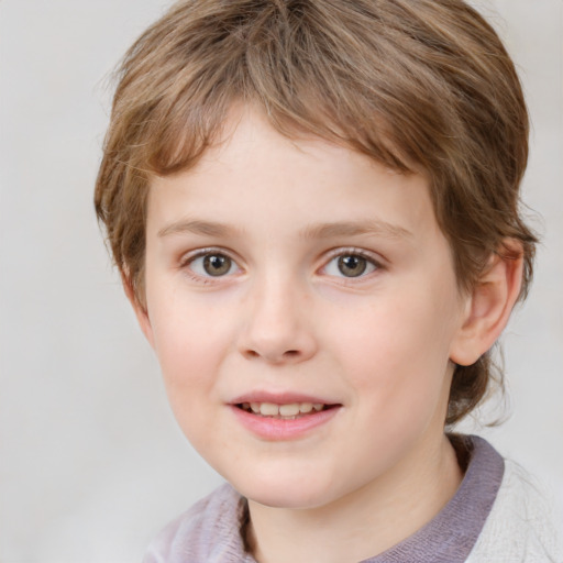 Joyful white child female with medium  brown hair and grey eyes