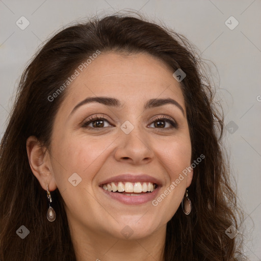 Joyful white young-adult female with long  brown hair and grey eyes