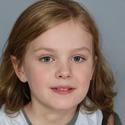 Neutral white child female with medium  brown hair and blue eyes