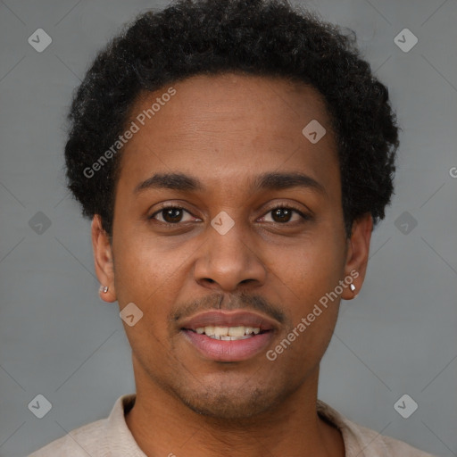 Joyful latino young-adult male with short  brown hair and brown eyes
