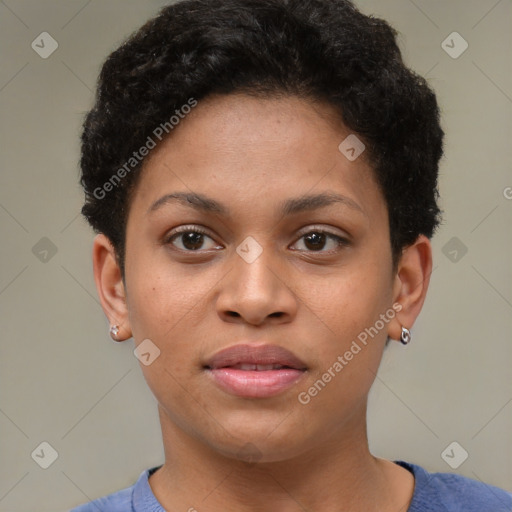 Joyful latino young-adult female with short  brown hair and brown eyes