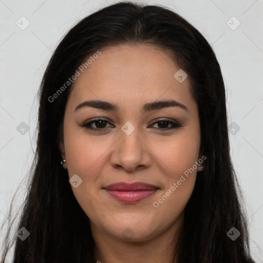 Joyful latino young-adult female with long  brown hair and brown eyes