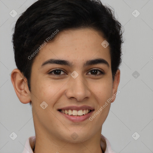 Joyful latino young-adult female with short  brown hair and brown eyes