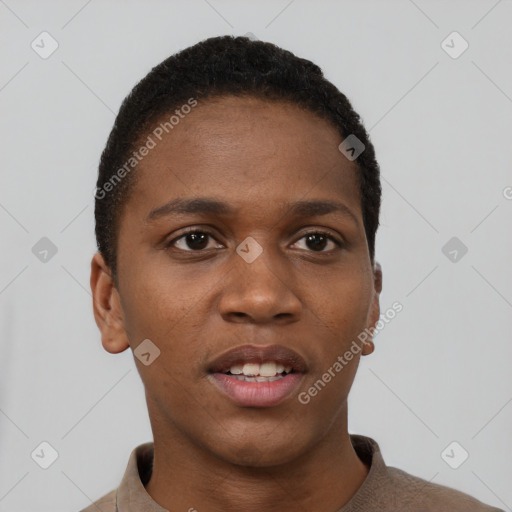Neutral black young-adult female with short  black hair and brown eyes