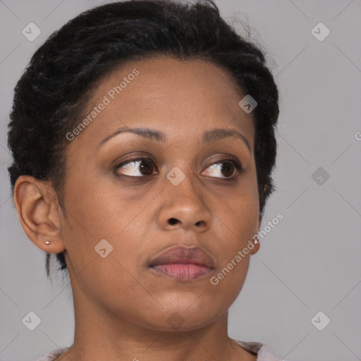 Neutral black young-adult female with short  brown hair and brown eyes