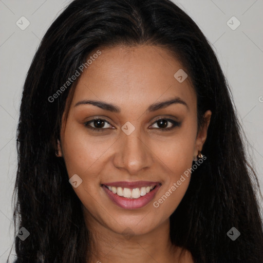 Joyful latino young-adult female with long  brown hair and brown eyes