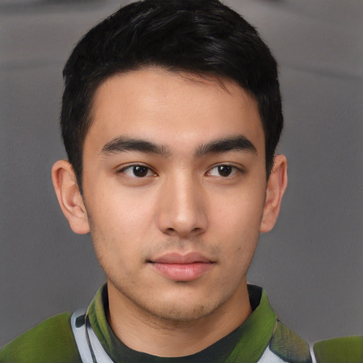 Neutral white young-adult male with short  black hair and brown eyes
