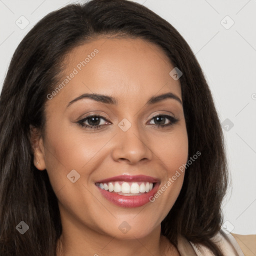 Joyful white young-adult female with long  brown hair and brown eyes