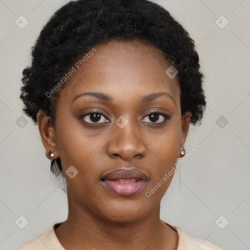 Neutral black young-adult female with short  black hair and brown eyes