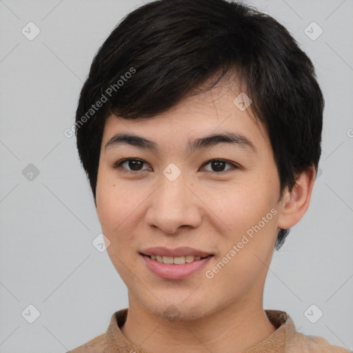 Joyful asian young-adult female with short  brown hair and brown eyes