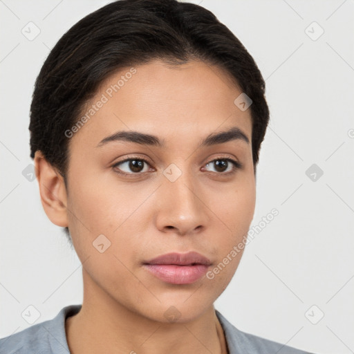 Neutral white young-adult female with short  brown hair and brown eyes