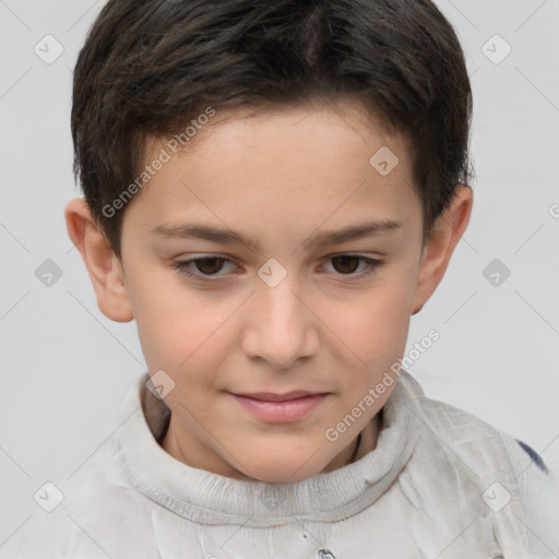 Joyful white child male with short  brown hair and brown eyes