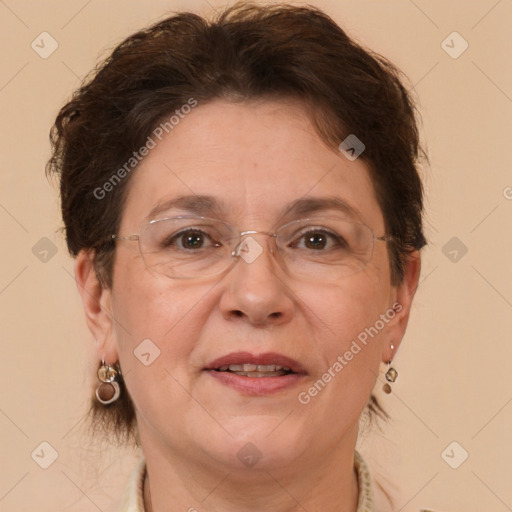 Joyful white adult female with short  brown hair and brown eyes