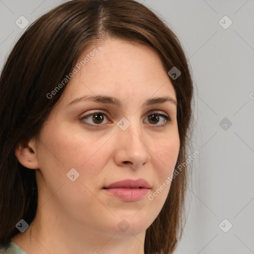 Neutral white young-adult female with medium  brown hair and brown eyes