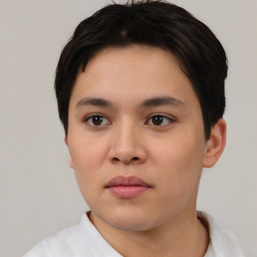 Neutral white young-adult female with short  black hair and brown eyes