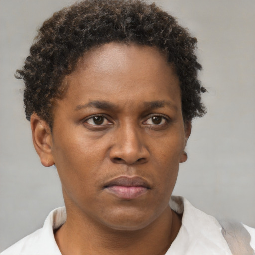 Neutral black adult female with short  brown hair and brown eyes