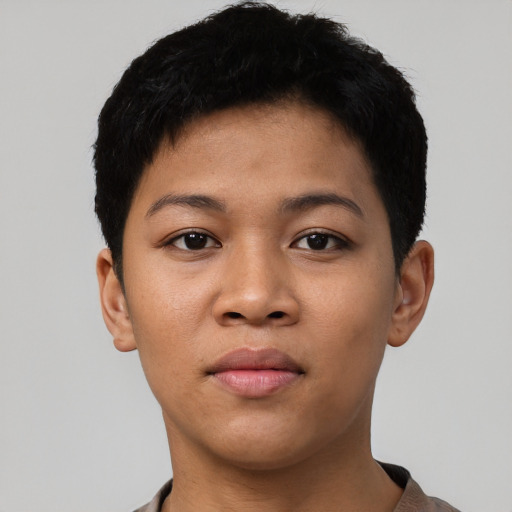 Neutral latino young-adult female with short  black hair and brown eyes
