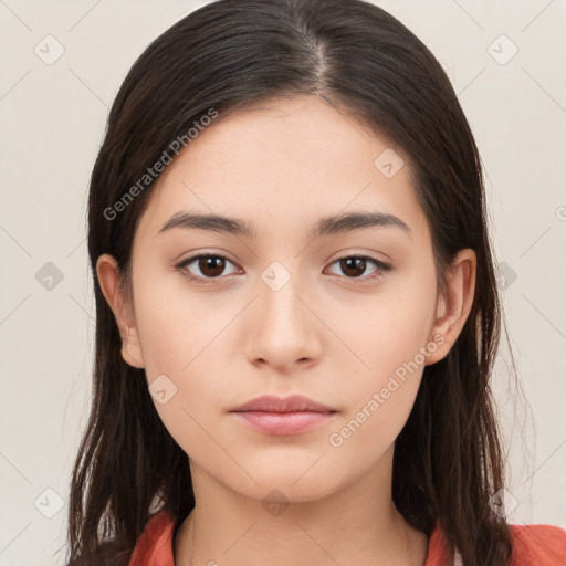 Neutral white young-adult female with long  brown hair and brown eyes