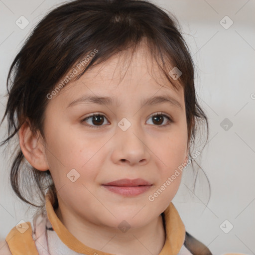 Joyful white child female with medium  brown hair and brown eyes