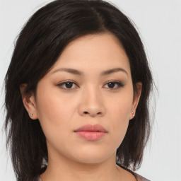 Neutral asian young-adult female with long  brown hair and brown eyes