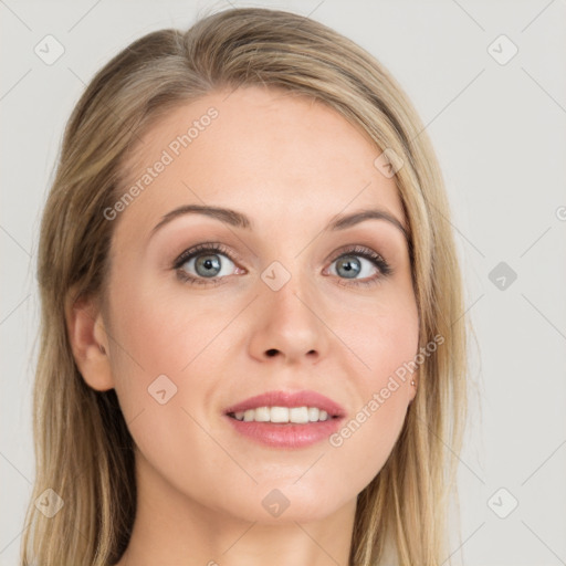 Joyful white young-adult female with long  brown hair and blue eyes