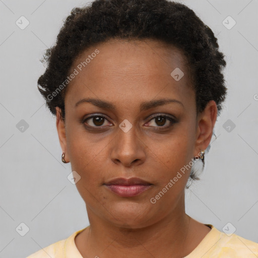 Neutral black young-adult female with short  brown hair and brown eyes