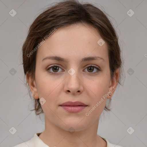 Neutral white young-adult female with medium  brown hair and brown eyes