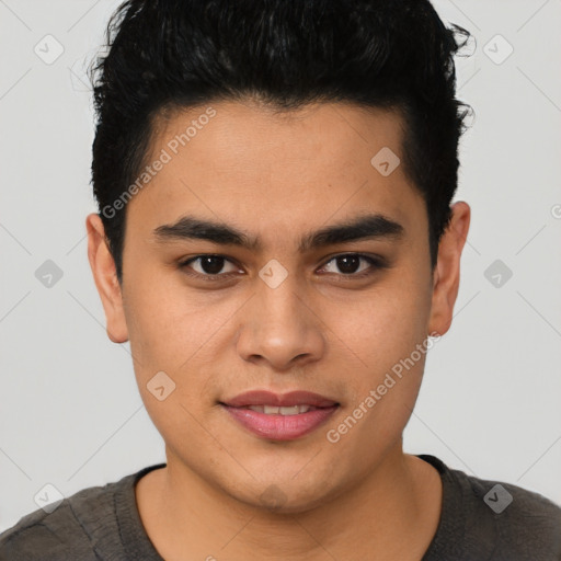 Joyful latino young-adult male with short  black hair and brown eyes