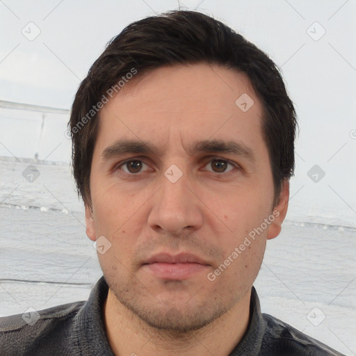 Neutral white adult male with short  brown hair and brown eyes