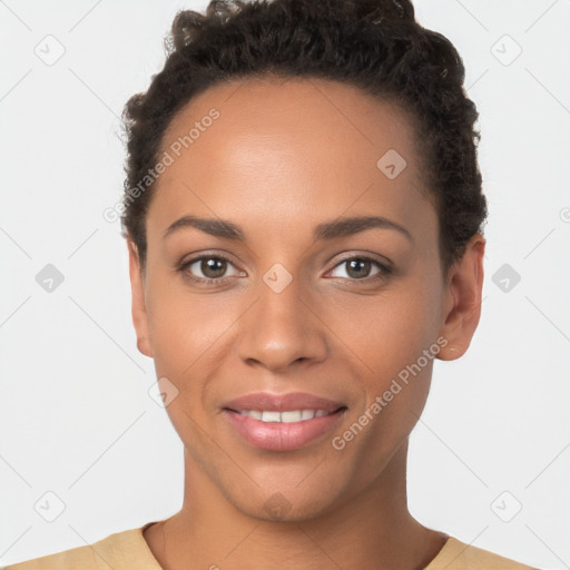 Joyful white young-adult female with short  brown hair and brown eyes