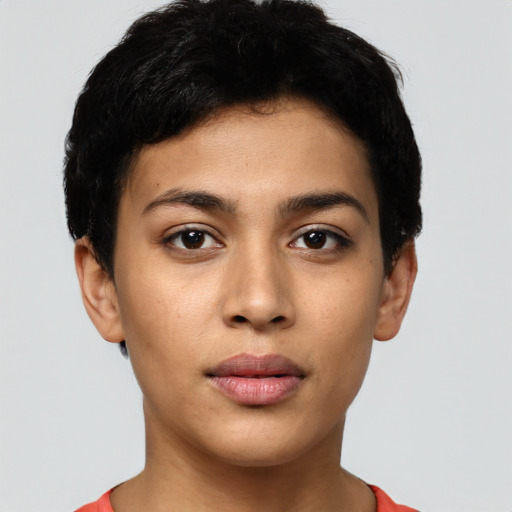 Neutral latino young-adult female with short  black hair and brown eyes