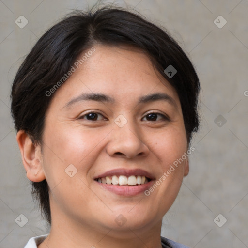 Joyful white young-adult female with medium  brown hair and brown eyes