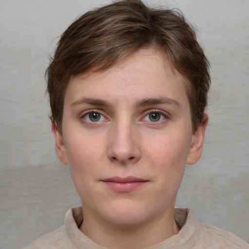 Neutral white young-adult female with short  brown hair and grey eyes