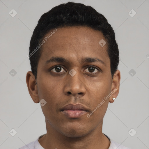 Neutral black young-adult male with short  black hair and brown eyes