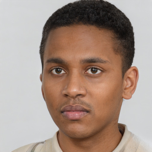 Neutral black young-adult male with short  black hair and brown eyes