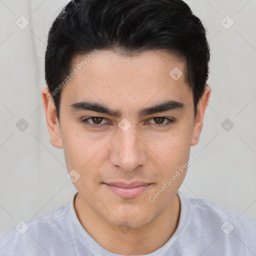 Joyful asian young-adult male with short  brown hair and brown eyes