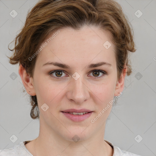 Joyful white young-adult female with medium  brown hair and blue eyes