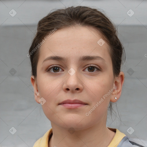 Neutral white young-adult female with short  brown hair and brown eyes