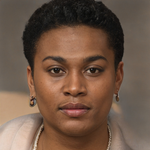 Joyful black young-adult female with short  brown hair and brown eyes