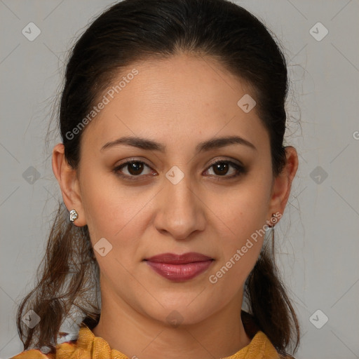 Joyful white young-adult female with medium  brown hair and brown eyes