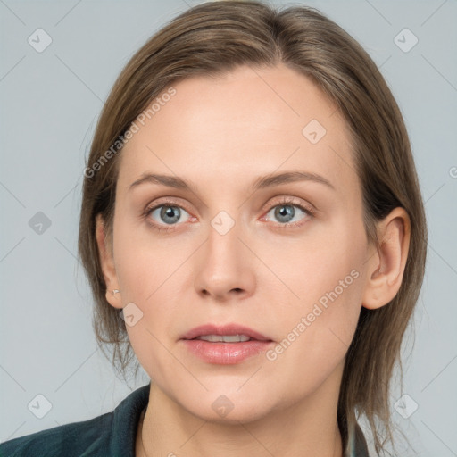 Neutral white young-adult female with medium  brown hair and grey eyes