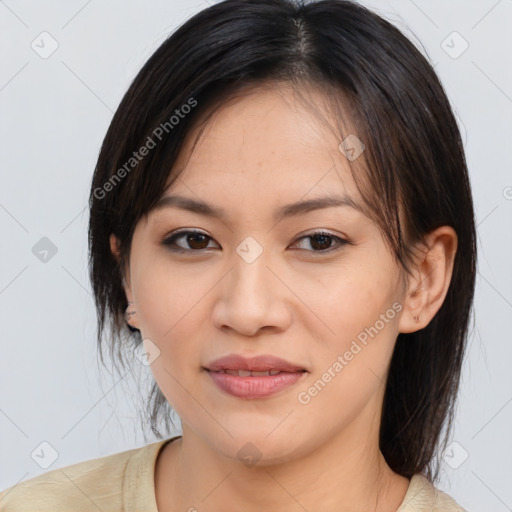 Joyful asian young-adult female with medium  brown hair and brown eyes