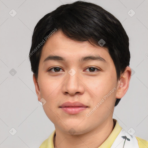 Neutral asian young-adult male with short  brown hair and brown eyes