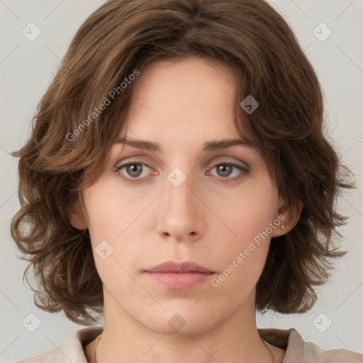 Neutral white young-adult female with medium  brown hair and green eyes